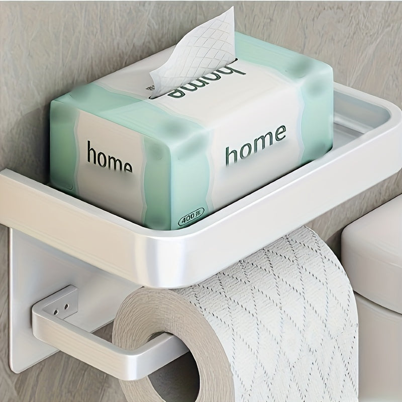 Toilet roll holder with shelf for bathroom storage and organization.