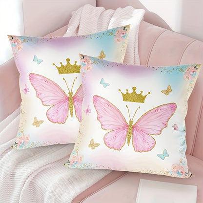 Chic pink and purple butterfly pillow cover made of soft peach skin polyester with zip closure, ideal for living room, bedroom, and party decor.