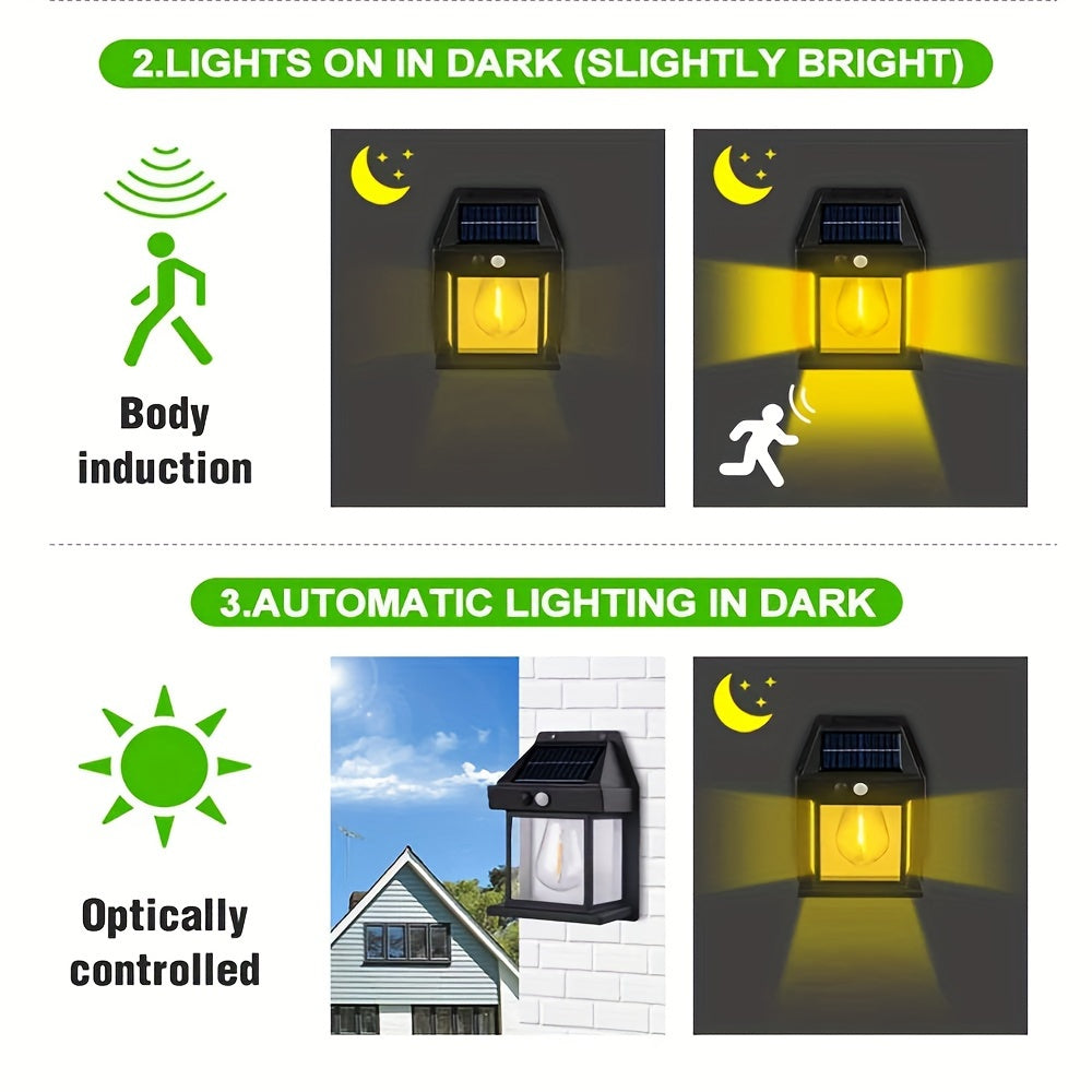 Solar-powered Staaricc tungsten wall lamp for outdoor garden lighting with motion sensor, 3 lighting modes, IPX-4 water resistance, lithium battery, and incandescent light source.