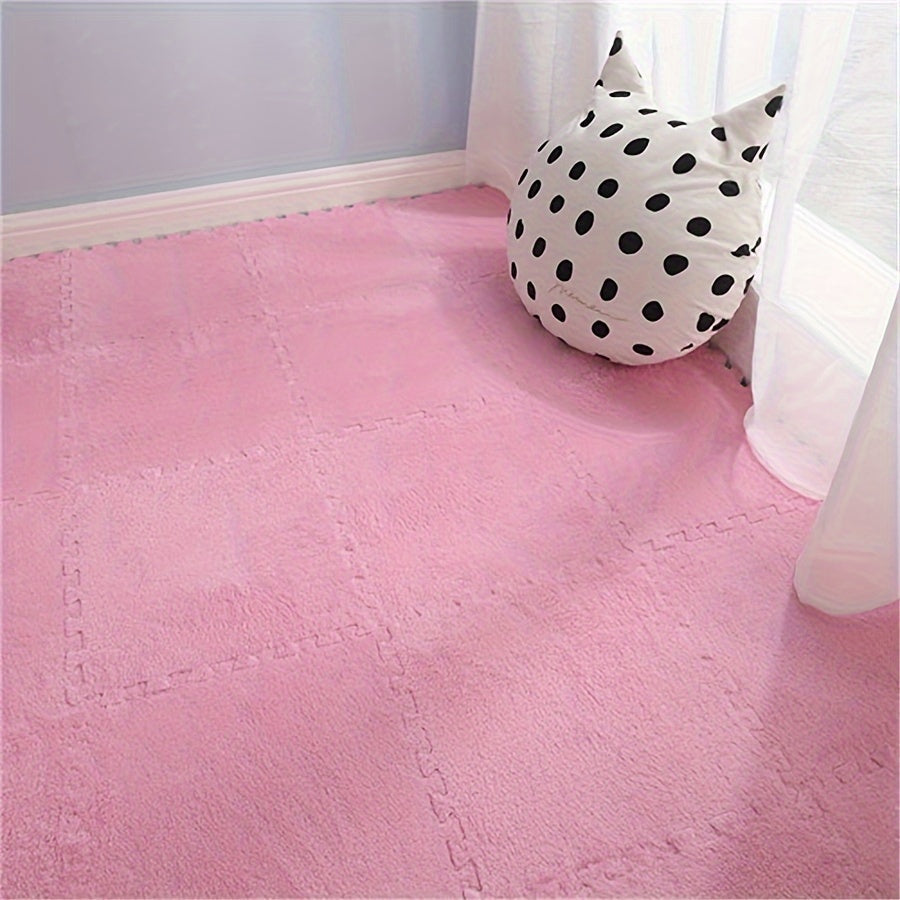 Creative Puzzle Interlocking Carpet Set includes 12 pieces of solid color square bedside mats. Each mat measures 29.97x29.97 cm and is hand washable. Made of polyester, this set makes a stylish addition to your home decor.