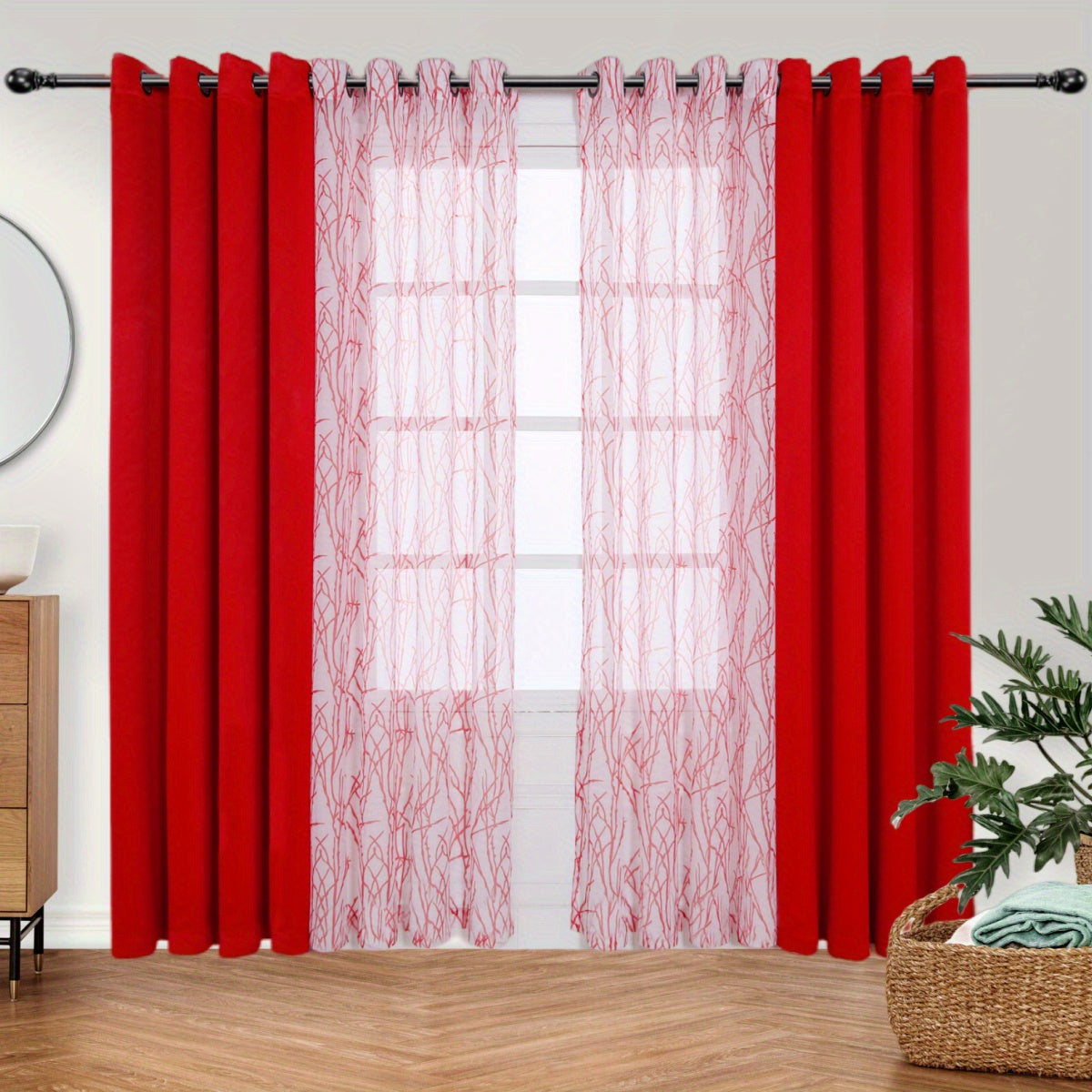 Pair of Curtains for Bedroom or Living Room - Includes 1 Sheer Branch Print Curtain and 1 Blackout Curtain, Grommet Style, 54x84 Inch Each, Dark Gray, Set of 2 Panels