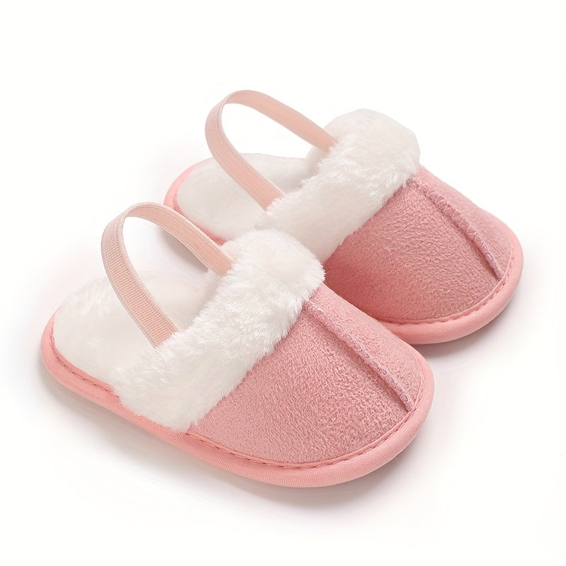 Soft and cozy plush baby girl slippers with non-slip sole for indoor comfort, perfect for 0-1 year olds in spring and fall.