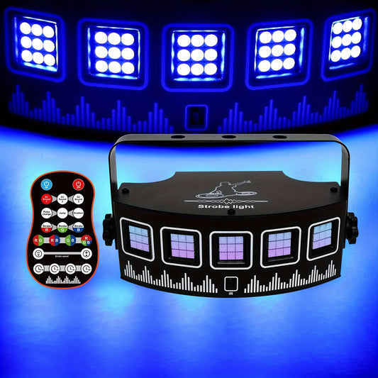 YSH LED Stage Lighting Kit: USB-powered, black metal with colorful display, remote control, sound-activated strobe & rotating lights for KTV, bars, and decorative atmosphere.