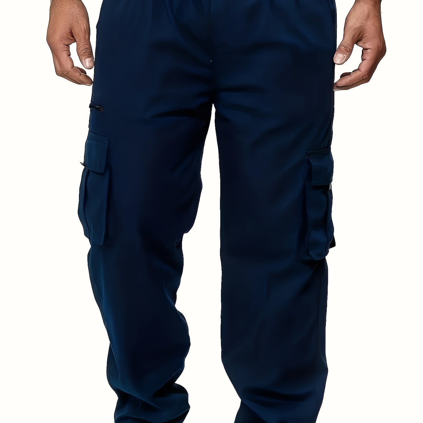 Men's black cargo pants with multiple pockets, made of durable polyester for outdoor casual wear. Features an elastic waistband and ankle straps, machine washable and suitable for all