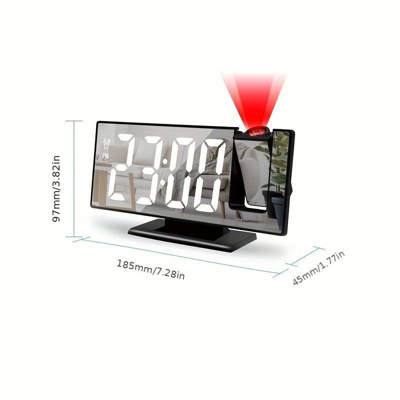 Multifunctional digital alarm clock with mirror projection, temperature display, and calendar function, suitable for home or office décor.