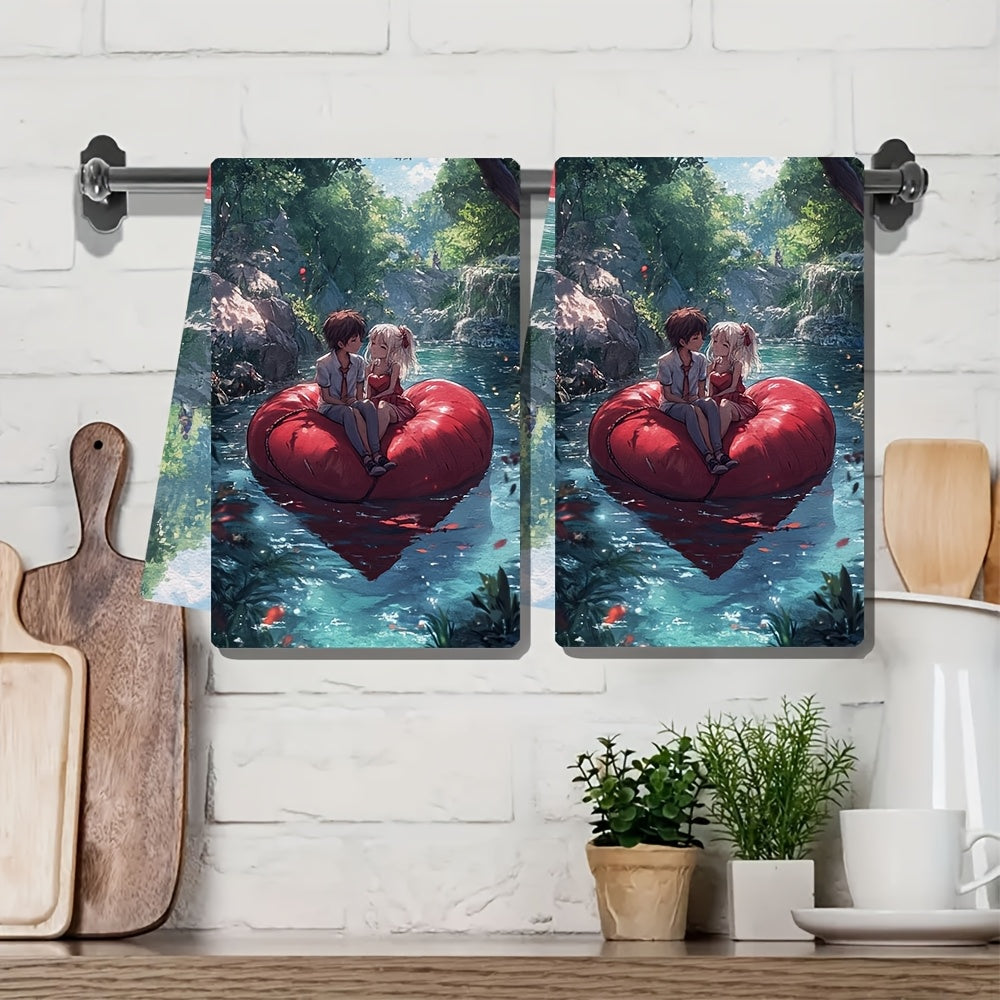 2 pieces of Kitchen Towels with ultra soft texture featuring an anime couple sitting on a heart-shaped raft, leisurely floating down a lazy river. These highly absorbent dish hand towels are perfect for holiday decor. They are machine washable and