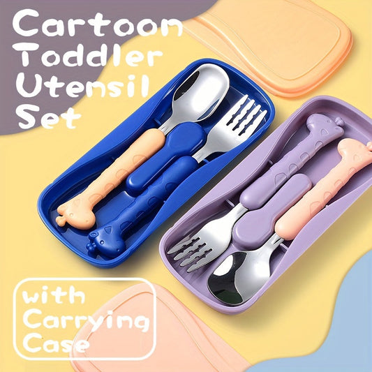 Stainless Steel Child-Safe Utensil Set for Toddlers - Cartoon Toddler Spoon and Fork Set with Travel Case, BPA-Free Silverware for Self-Feeding