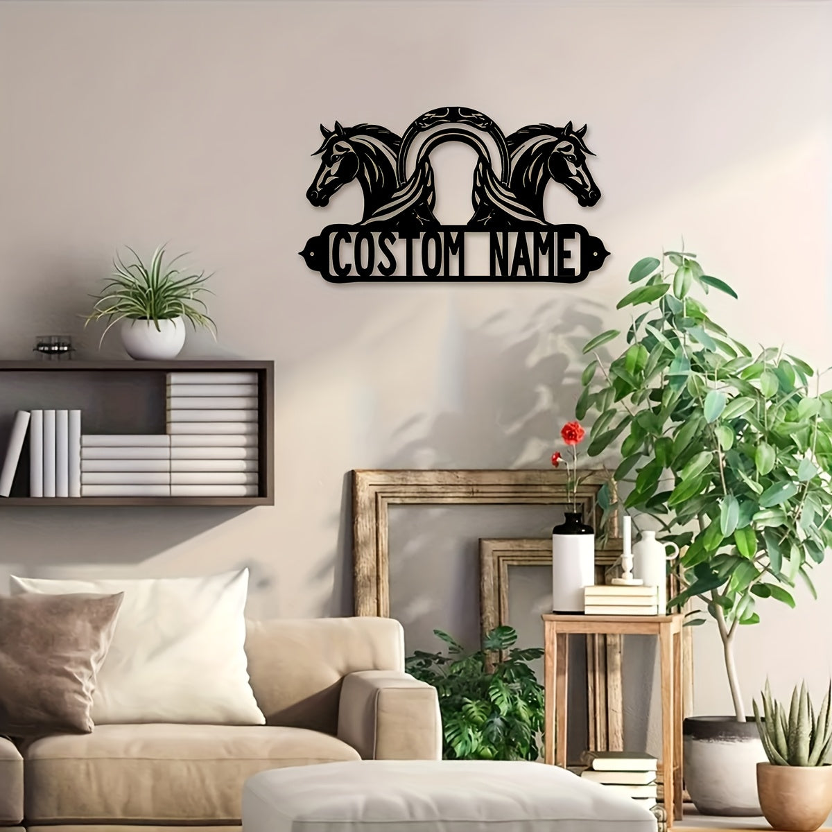 Customize your space with our one piece customizable black iron horse wall art. This personalized name metal sign is perfect for adding a rustic farmhouse touch to your home, office, porch, or patio. Handcrafted and distressed for a unique look, this