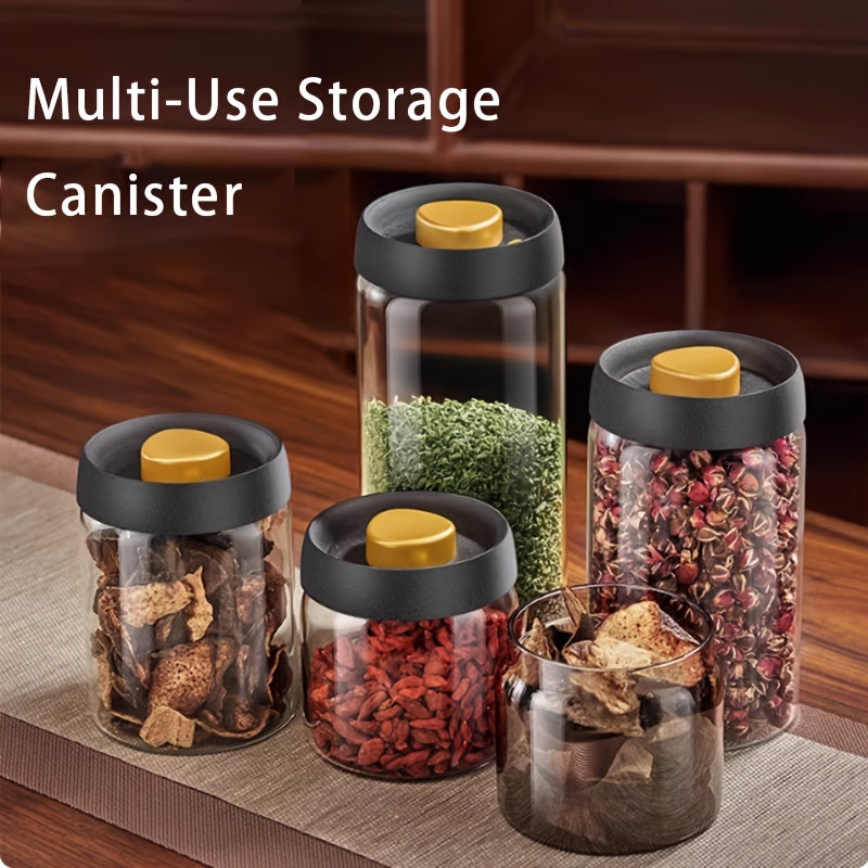 Airtight glass coffee canister for beans, grains, and tea, with vacuum seal lid, made of high borosilicate for home kitchen organization.