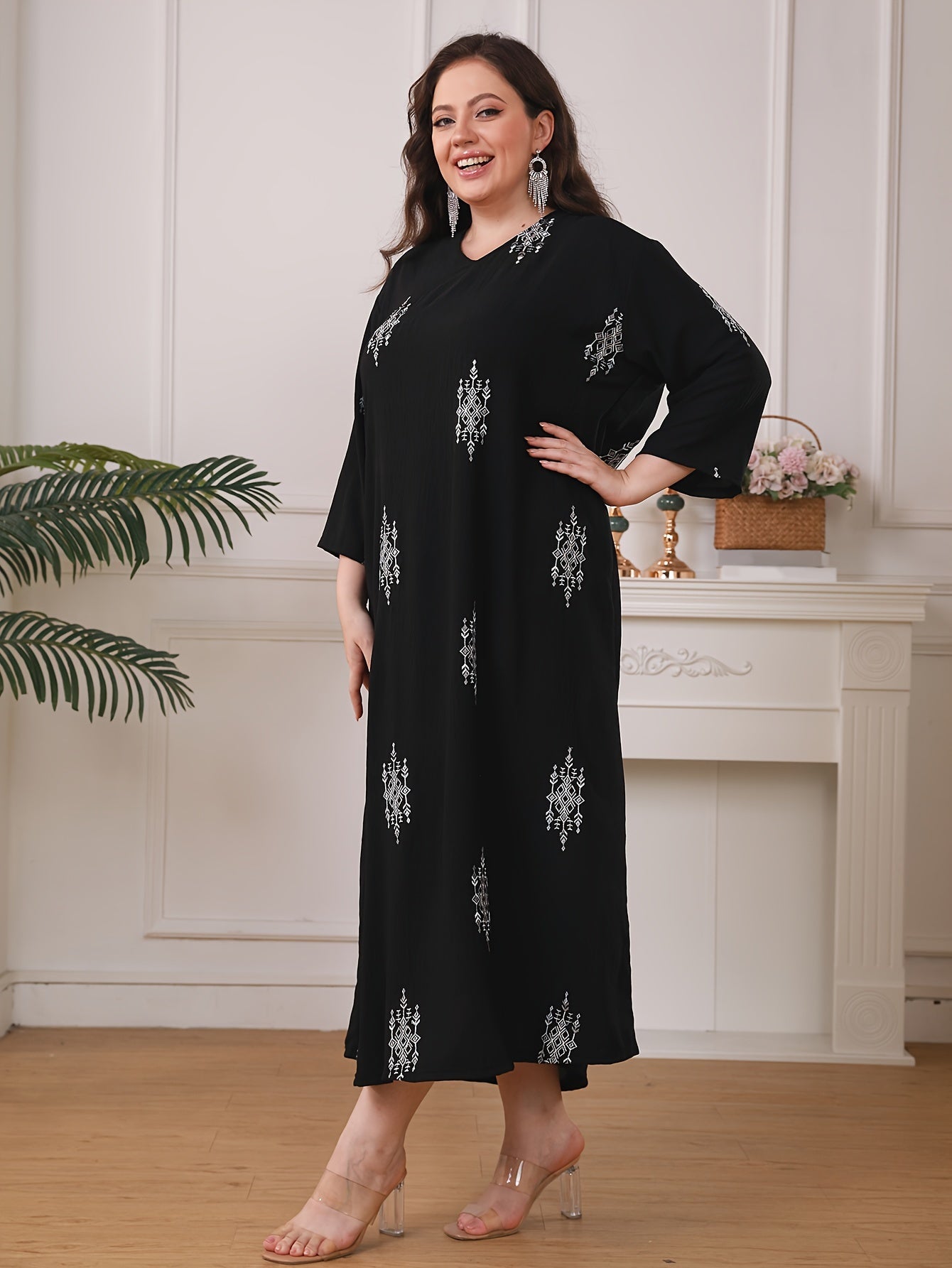 Stylish embroidered maxi dress with 3/4 sleeves, loose fit, woven polyester, machine washable, ideal for summer.