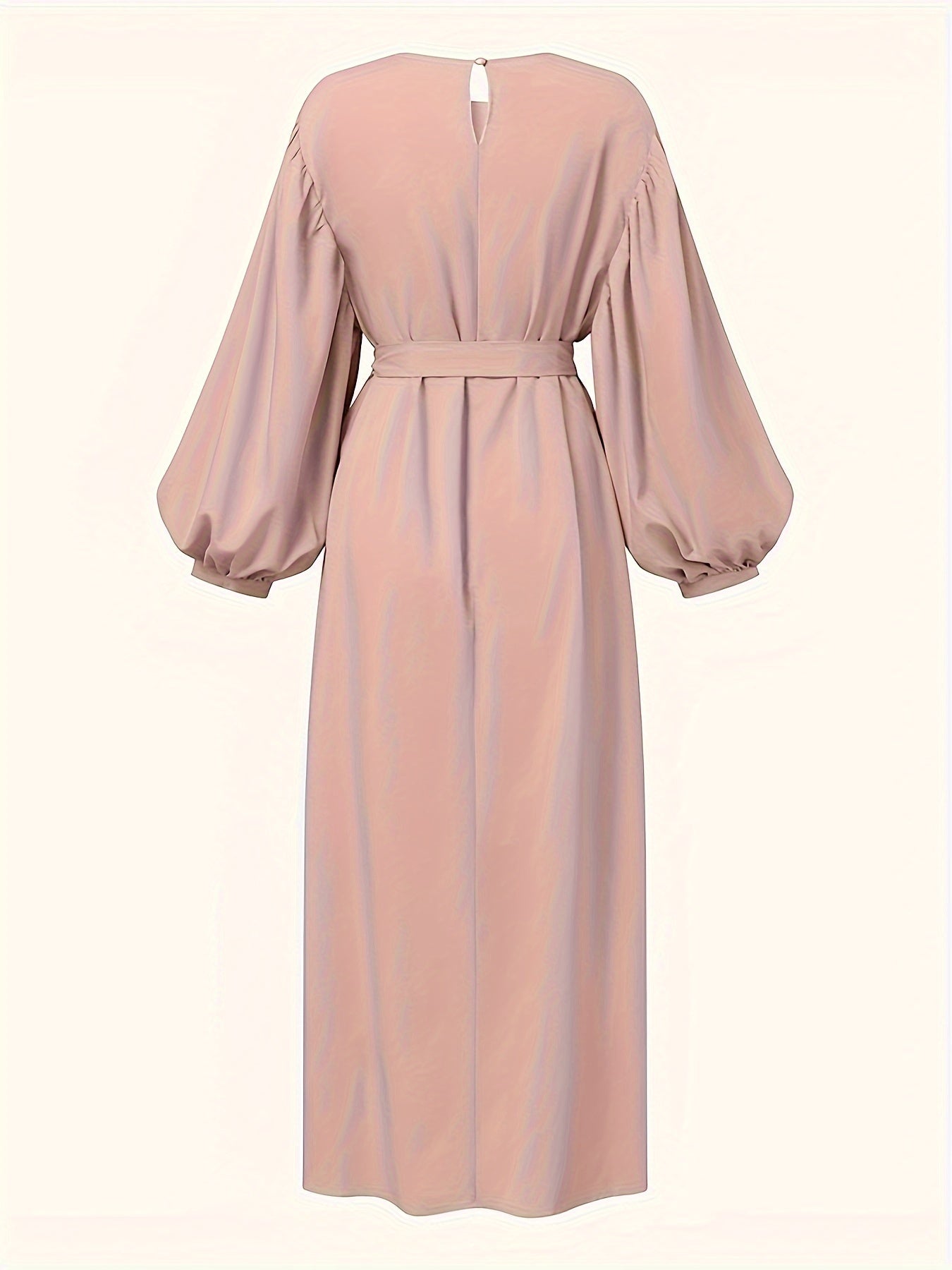 Elegant maxi abaya dress with solid tie waist and lantern sleeves.