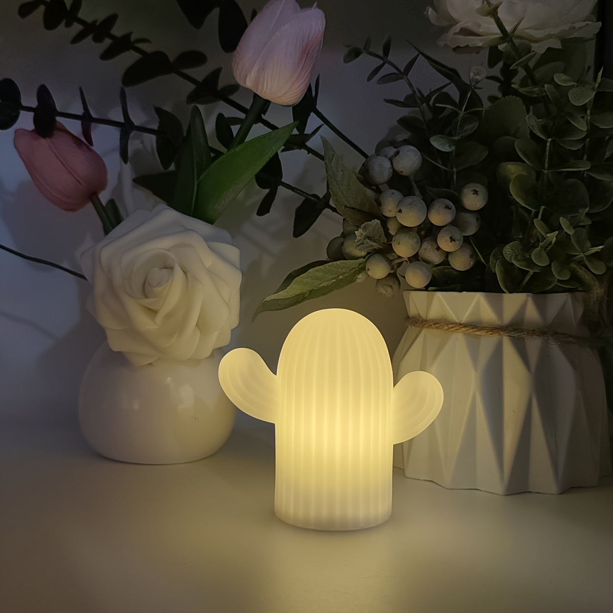 LED cactus night light with push button control, battery operated. Can be mounted on wall. Makes a great gift for family, friends, or classmates.