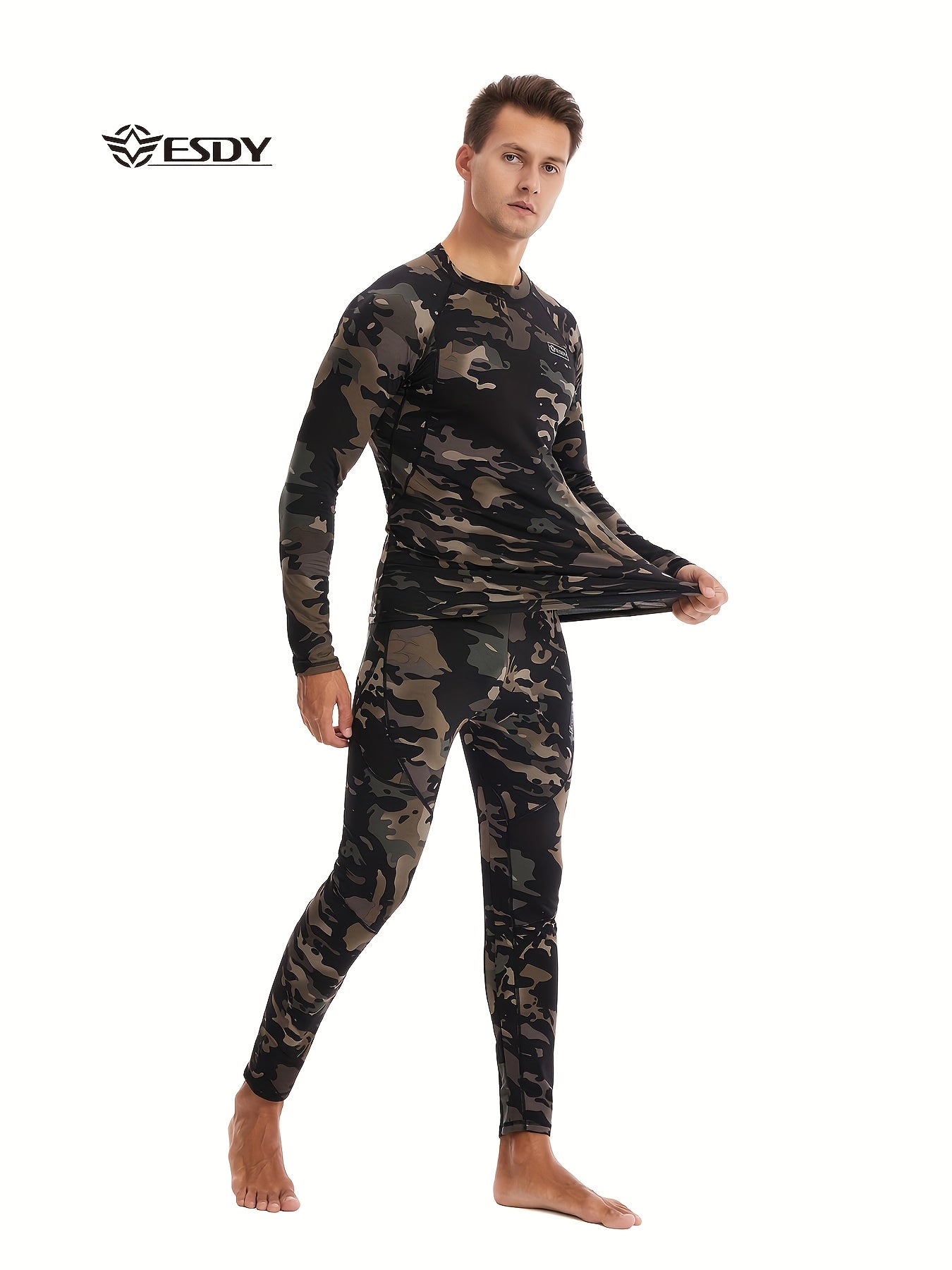 ESDY Men's Camouflage Thermal Underwear - 90% Polyester 10% Spandex, Long Sleeve Crew Neck, Skinny Fit, High Stretch Knit Fabric, Solid Color, for Hiking & Outdoor Activities, Fall/Winter