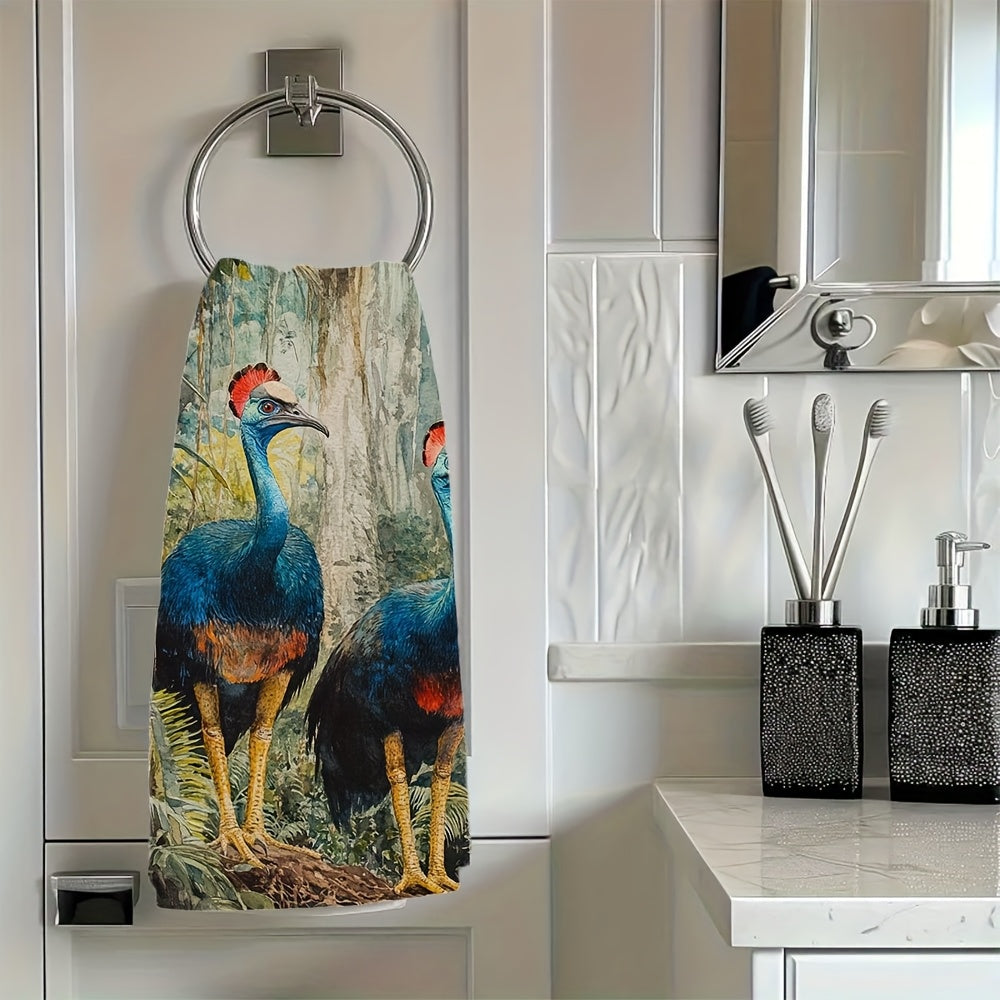 Set of two ultra-soft kitchen towels featuring a vibrant cassowary forest scene. These highly absorbent and machine washable dish hand towels measure 40.64x60.96 cm, making them ideal for holiday decor and everyday use in the kitchen.