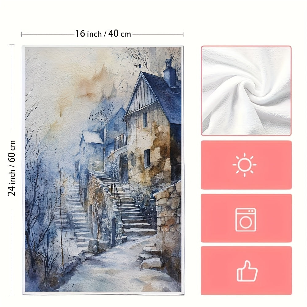 Two pieces of ultra-soft kitchen towels featuring a serene winter scene acrylic painting design. These highly absorbent and machine washable dish hand towels measure 40.64x60.96 cm, making them perfect for holiday decor and drying dishes.