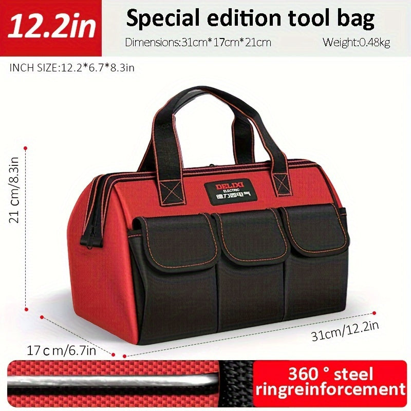 Heavy duty multi-pocket tool storage bag for wide mouth tools, featuring multiple layers for easy tool organization (33.02cm x 35.56cm x 40.64cm)