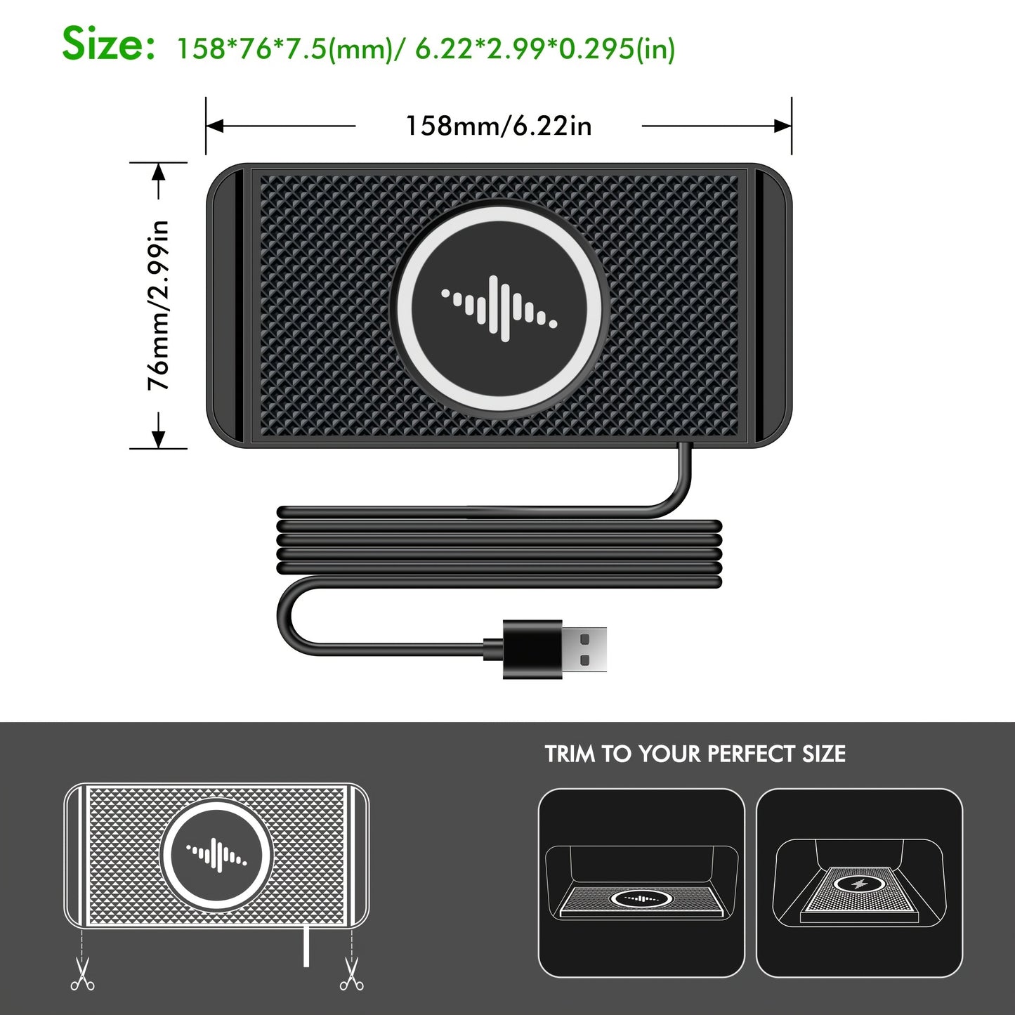 Rubber wireless car charger with 15w quick charging and anti-slip pad for mobile phones in car storage compartment.