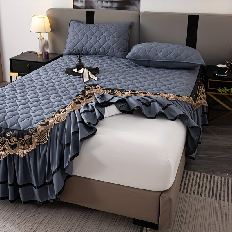 Set of 3 high-quality luxury lace fitted sheets, made with soft and breathable material in a solid color clip design. This bedding set includes a bed skirt style mattress protector, perfect for any bedroom or guest room. Set includes 1 fitted sheet and 2