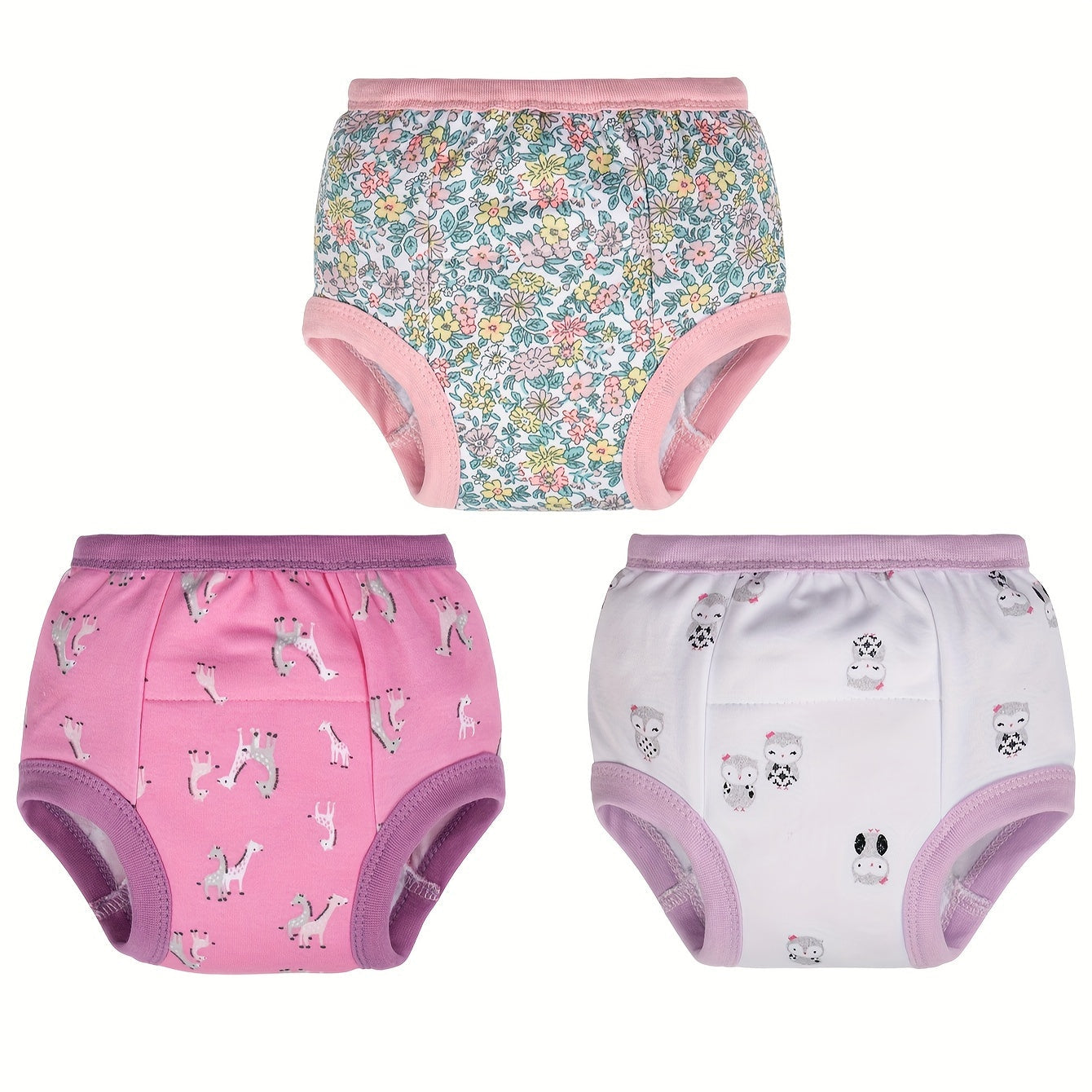 Three pieces of adorable washable 6-layer cloth diaper pants for training, made of breathable cotton fabric.