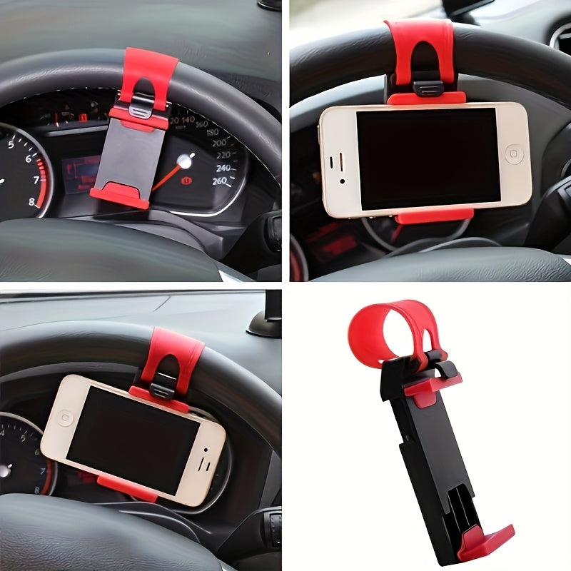 Durable and easy-to-use universal car phone holder with plastic steering wheel mount, mobile phone stand support, and bike clip mount.