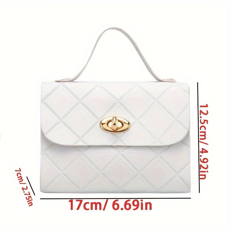 Stylish small square handbag with embossed design and quilted crossbody strap.