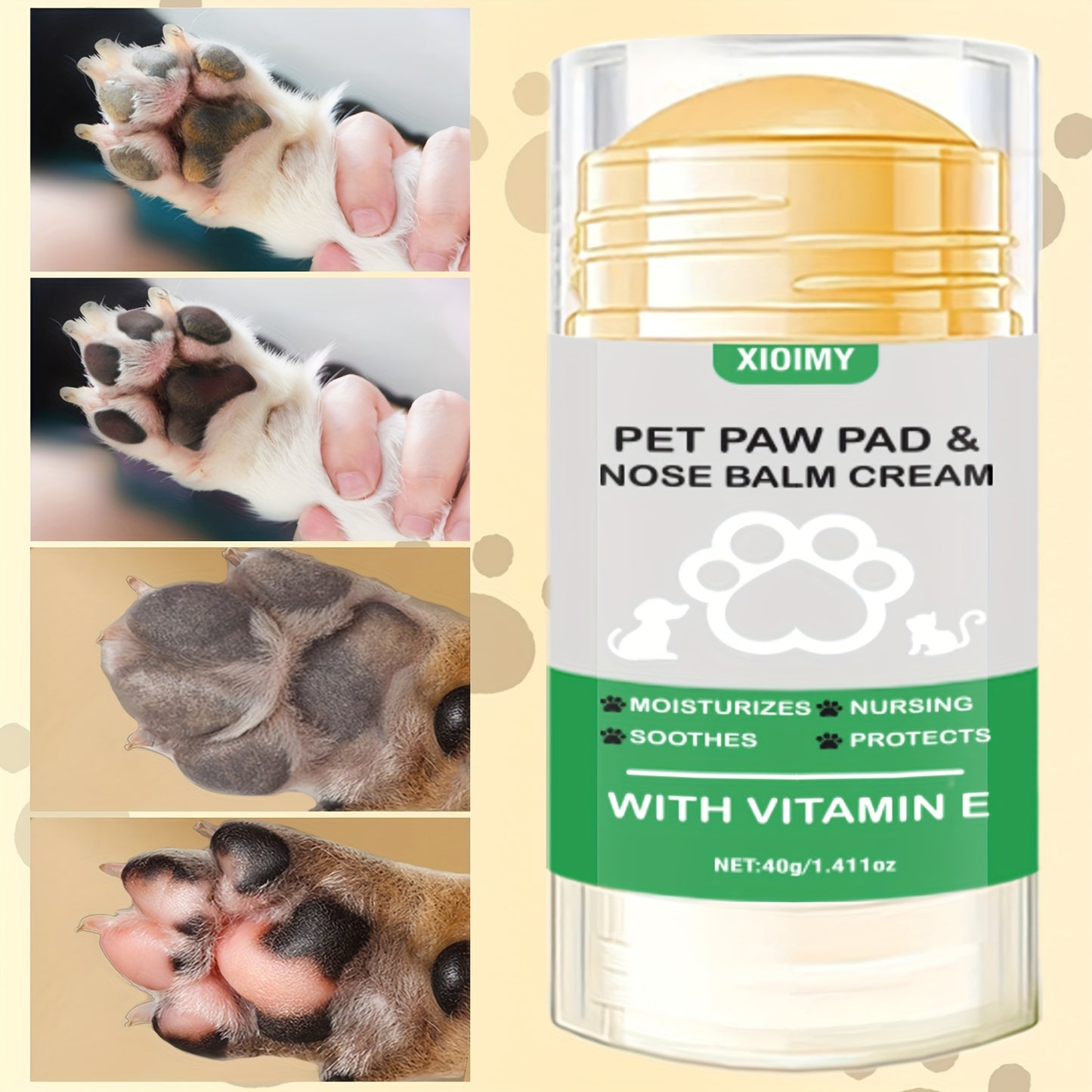 Xioimy Pet Paw Pad & Nose Balm Cream 1.411oz - Hydrating stick for cats & dogs, soothes dry cracks, all-season protection with Vitamin E.