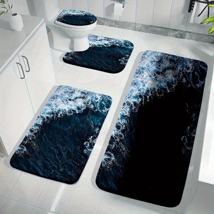 Set of 4 velvet sponge bath mats featuring non-slip designs in leaves, flowers, sea waves, and wooden board patterns. Includes an extended thickened toilet rug, durable non-slip bathroom rug, comfortable U-shaped toilet mat, and toilet cover mat for