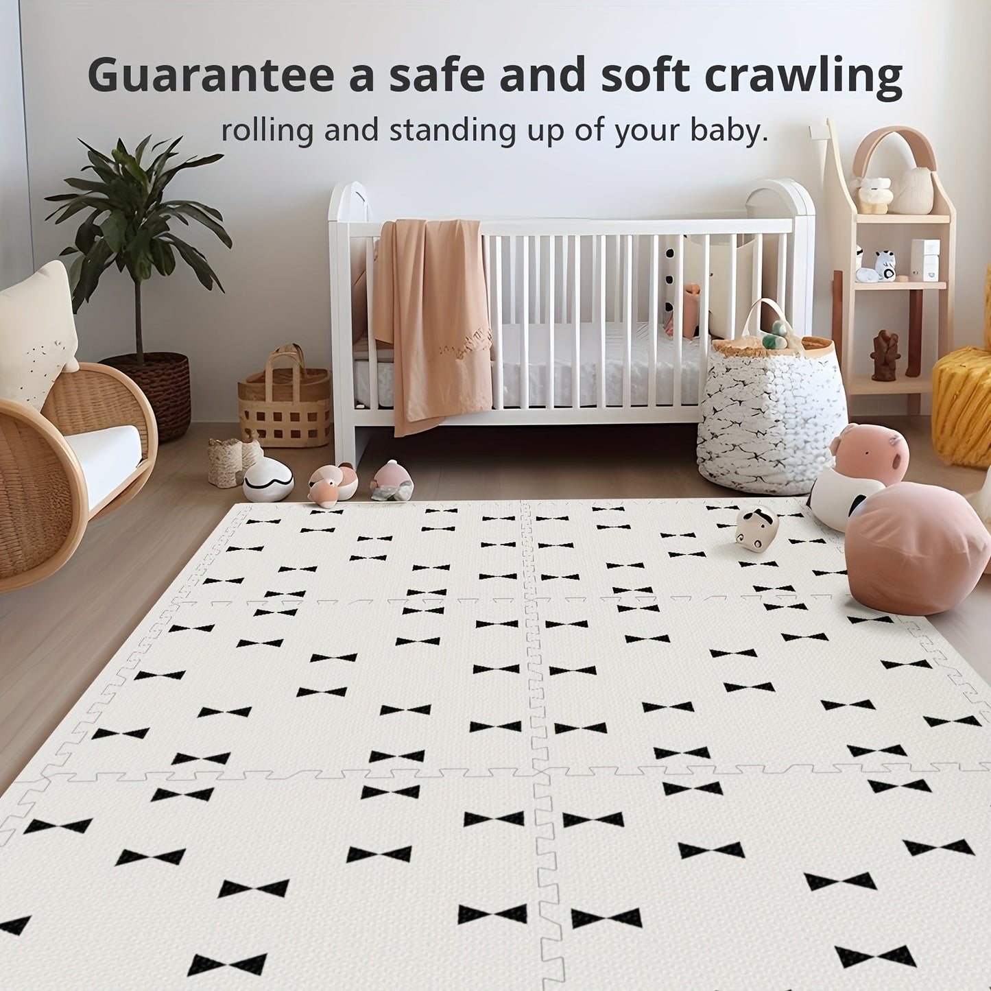 The Soft & Safe Foam Play Mat includes 6 interlocking crawling mats made of easy-to-clean, non-toxic EVA material. Ideal for indoor or outdoor fun, this stylish set features designs like Joy, Star, Funnel, and Stripe.