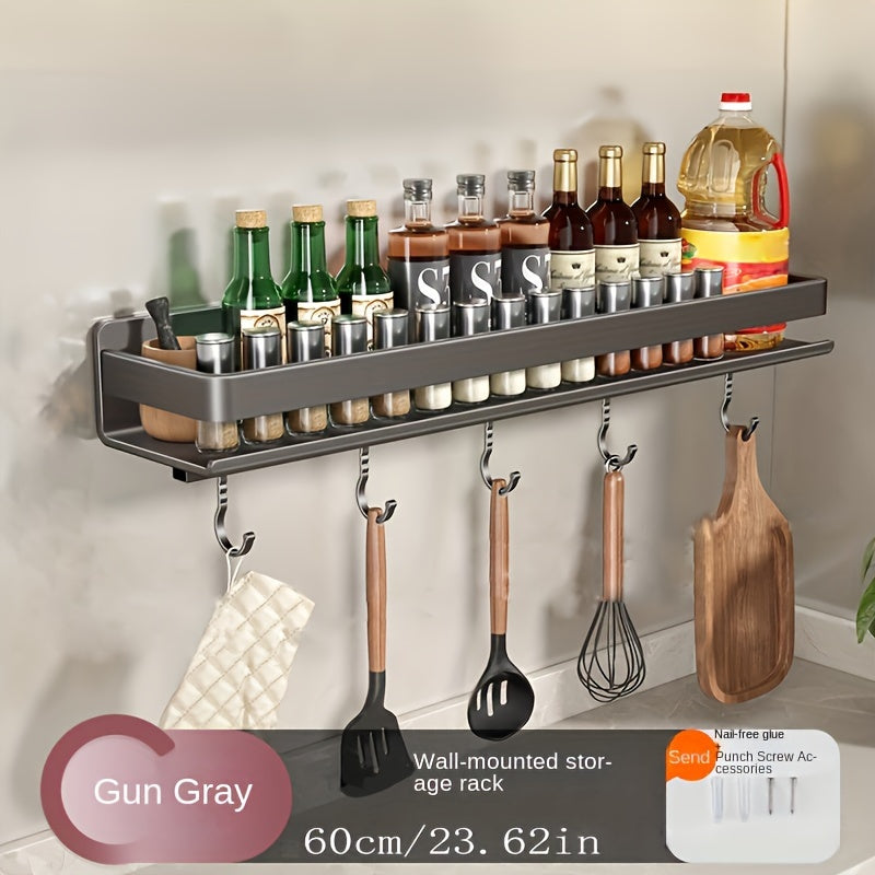 One gun gray stainless steel seasoning rack, designed to hang on the wall without the need for drilling. Comes with 5 hooks for additional storage. Ideal for organizing kitchen seasoning bottles.