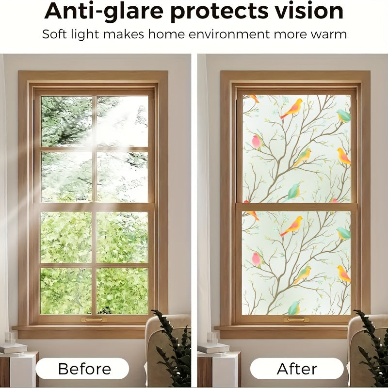 4mil Thick Elegant Bird & Branch Design Frosted Window Film with Static Cling for Privacy and Anti-Glare - Ideal for Kitchen, Bathroom, and Office Sliding Doors.