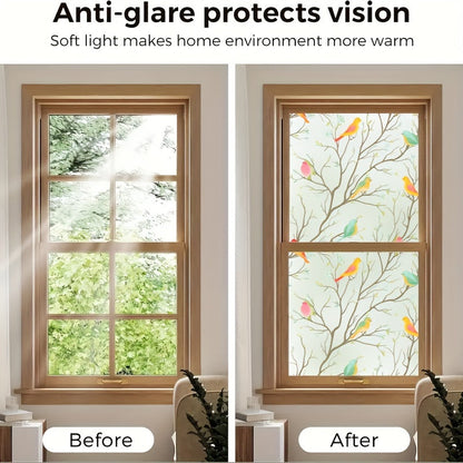 4mil Thick Elegant Bird & Branch Design Frosted Window Film with Static Cling for Privacy and Anti-Glare - Ideal for Kitchen, Bathroom, and Office Sliding Doors.