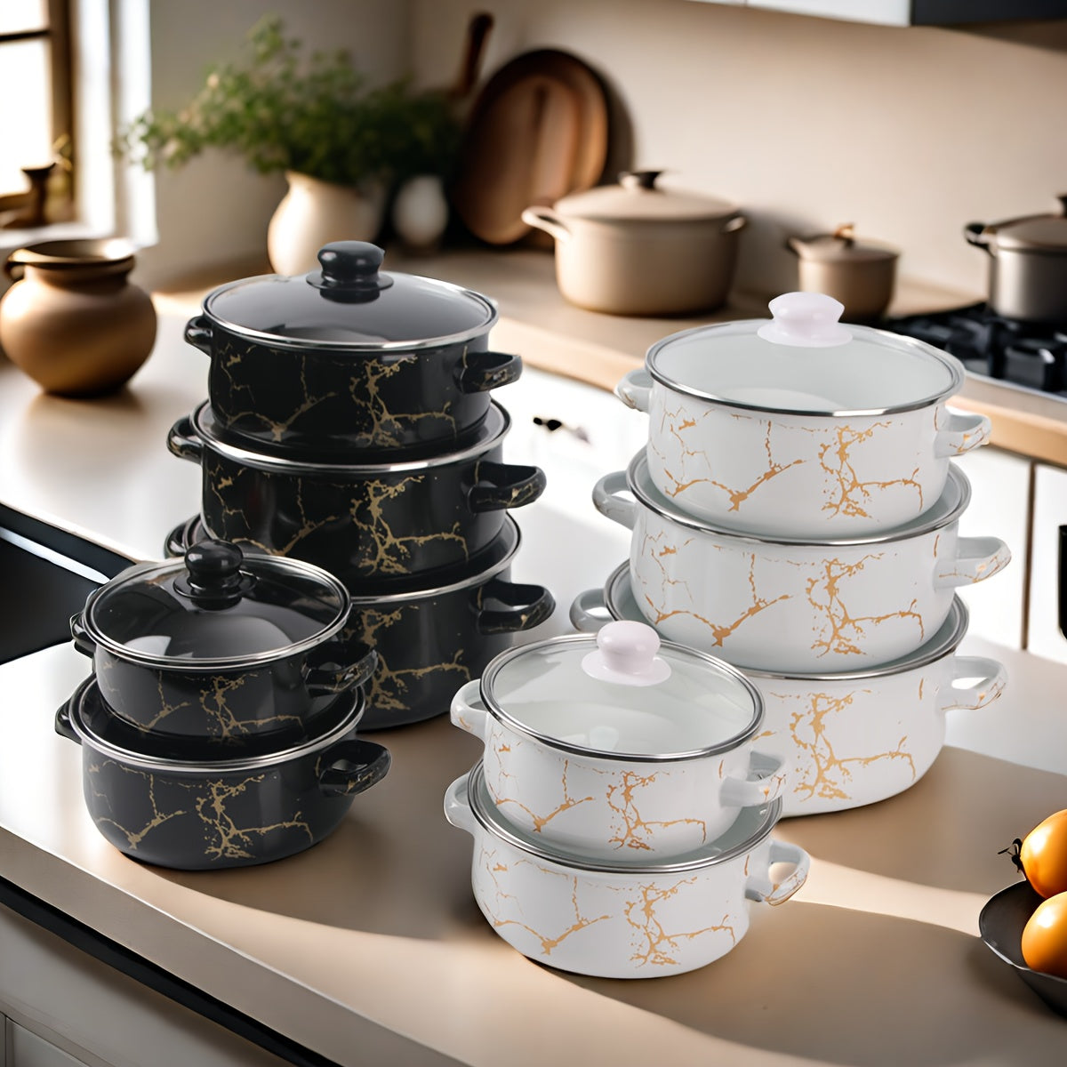 Upgrade your kitchen with this set of 5 premium enamel cookware pieces. These pots and pans are thick, durable, and easy to clean, making them perfect for cooking soups, stews, and more. They are compatible with gas, induction, and open flame stoves