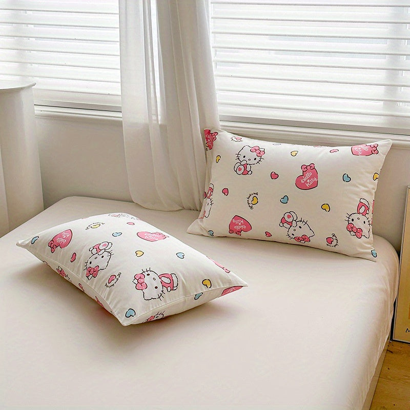 One piece of a Hello Kitty pillowcase made from 100% soft and breathable fabric. This bed pillow cover is machine washable and allergy-resistant. It features a digital print design with an envelope closure. The fabric weight is 250-300gsm, perfect for