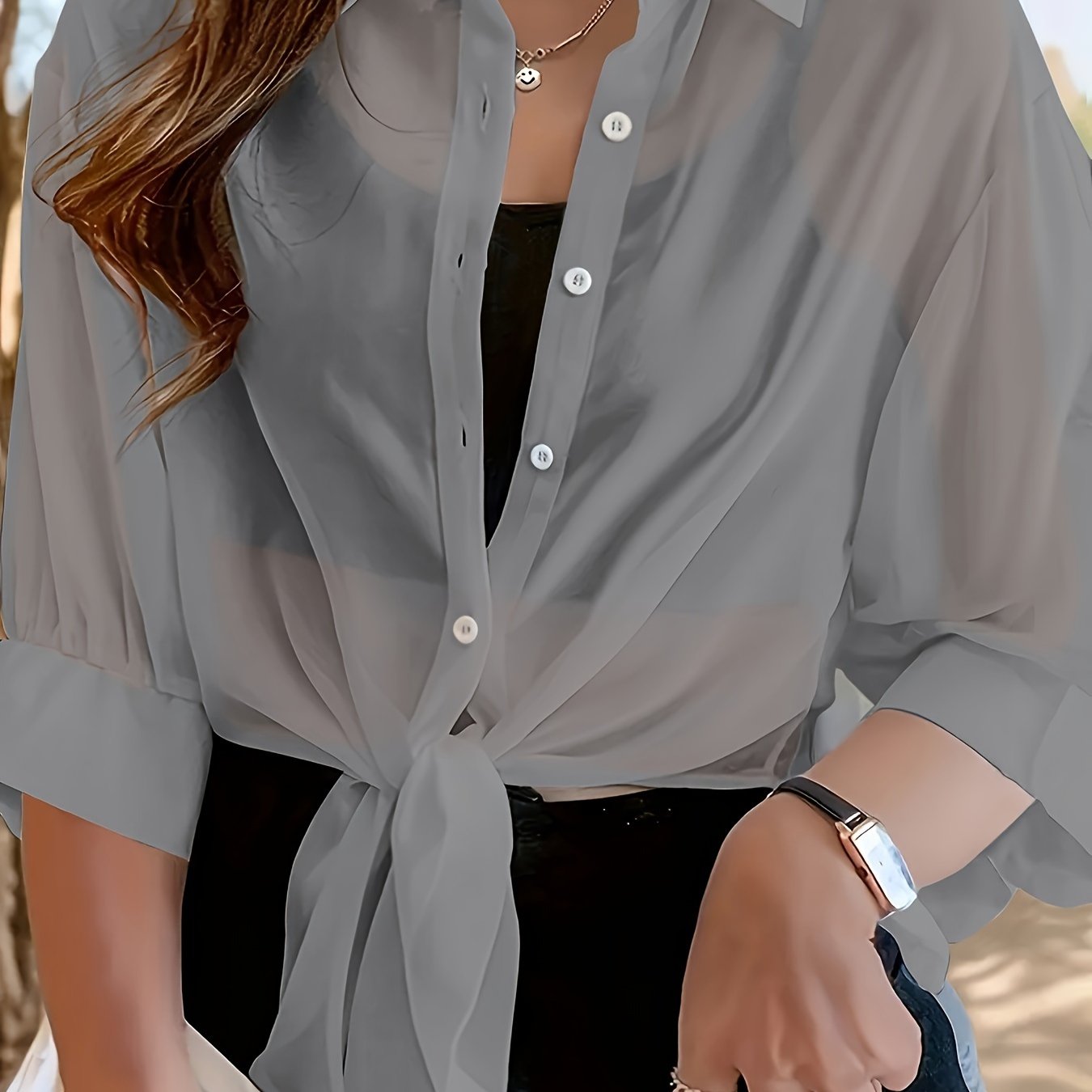 Elegant white sheer chiffon cardigan for plus-size women, perfect as a long-sleeve beach cover-up with front tie. Lightweight and stylish for spring/summer, ideal for layering.