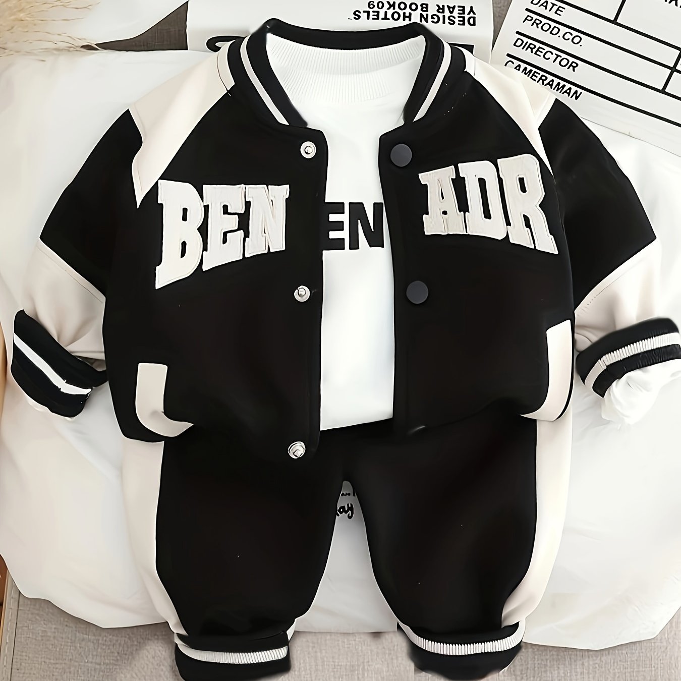 Baby boy's stylish baseball coat, sweatshirt, and pants set, perfect for outdoor wear in spring, autumn, and winter.