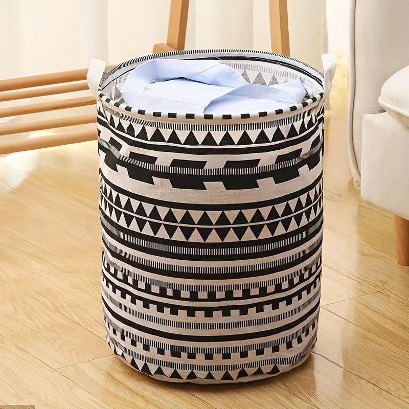 Large capacity fabric hamper for storing dirty clothes and linens, featuring a geometric design. This foldable storage basket can also be used for organizing clothes, dolls, and other items in your bathroom, bedroom, living room, or dorm. A stylish and