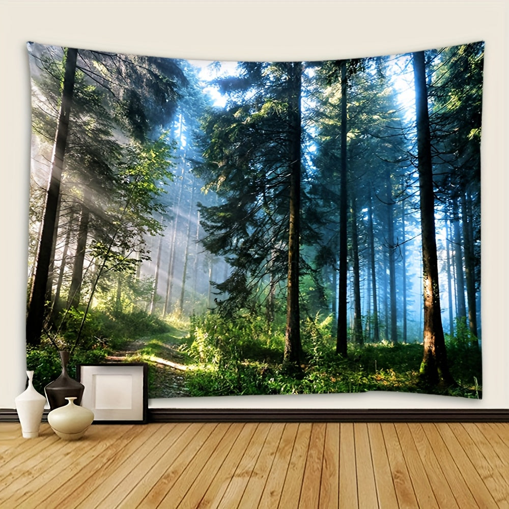 Super large forest landscape background decoration made of brushed polyester with a striped pattern. Comes with 6 pairs of installation package for indoor bedroom.