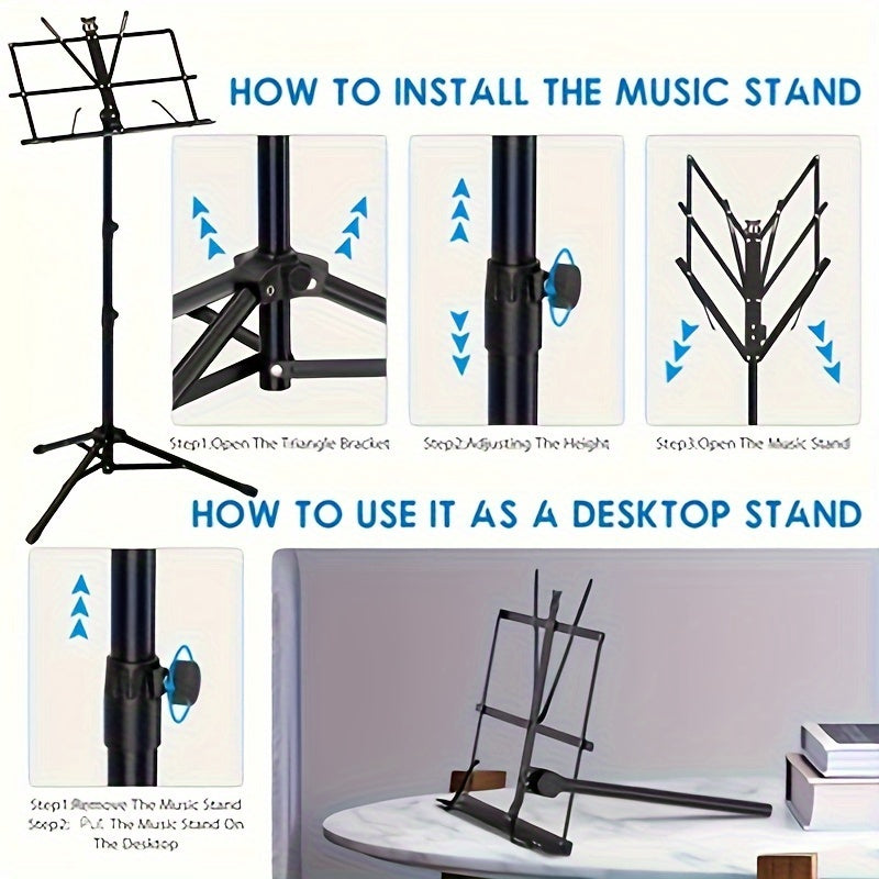 Portable folding music stand for sheet music.