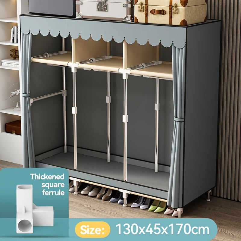 The Simple Clothes Storage Wardrobe features a drawer and dust-proof curtain, making it a convenient and efficient storage solution for your bedroom or entryway. This steel tube wardrobe is easy to assemble and offers a large capacity for organizing your