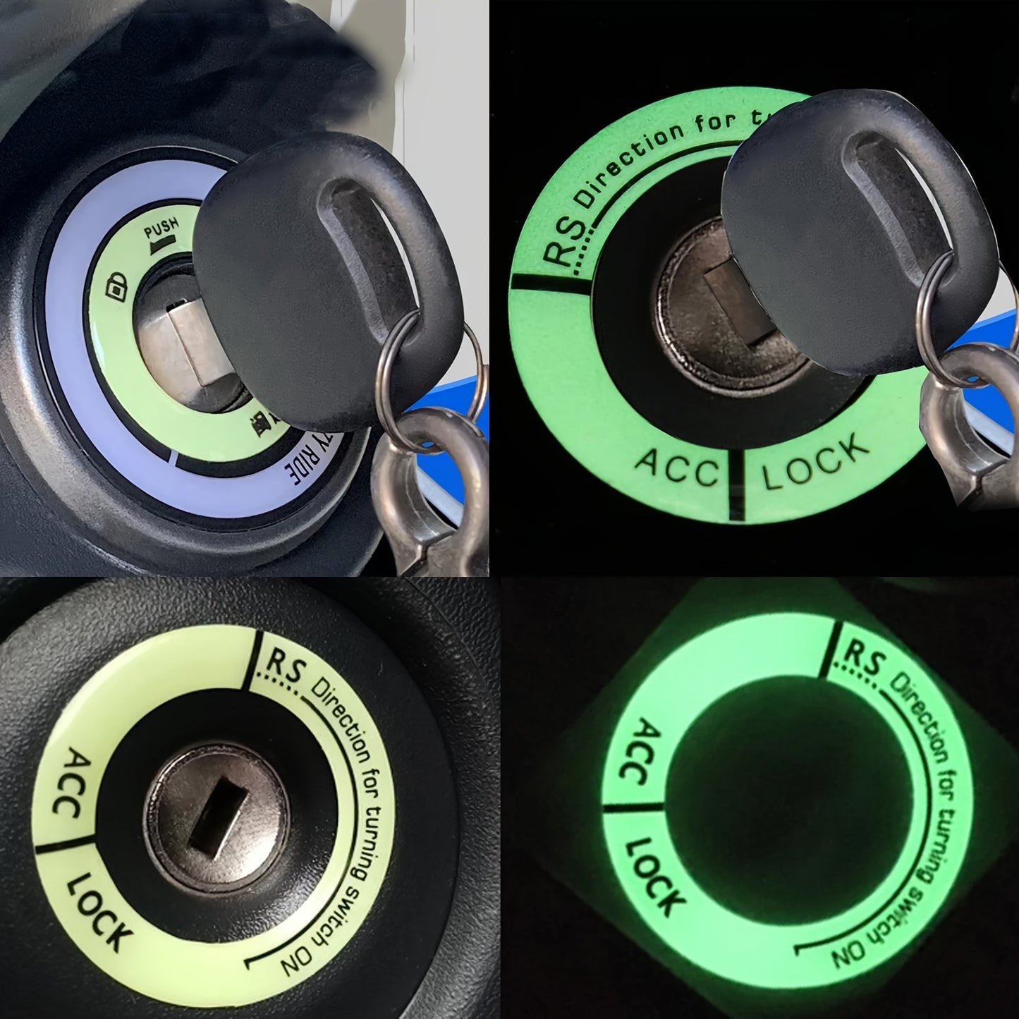 Glow-in-the-dark sticker rings for car ignition switches: decorative key ring for auto and motorcycle with universal 3D design.