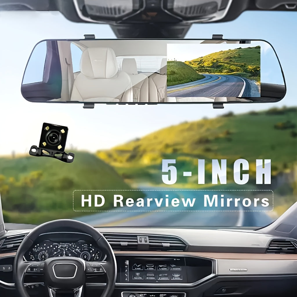 On-dash dual dash cam with 1080p HD front and back cameras, 5-inch display, suction mount, push button control, universal compatibility, 12V power, 30 FPS, cycle recording, and rechargeable