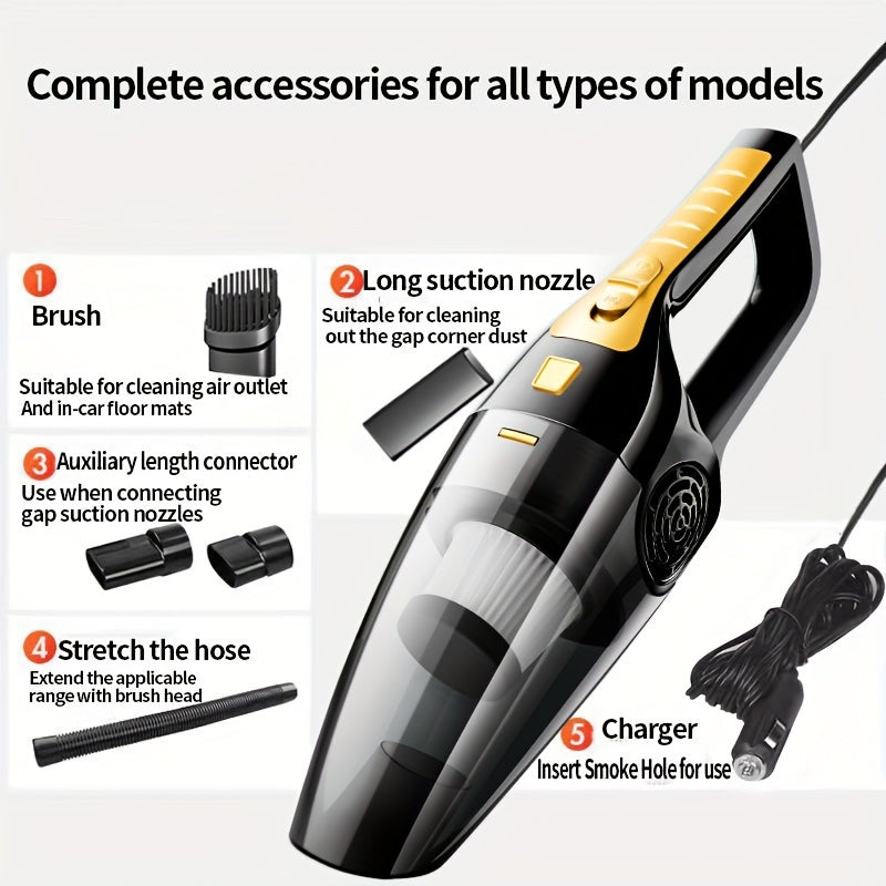 Handheld car vacuum cleaner with 5m cord, 4KPa suction power, 100W, 0.3L dust cup, car plug, one-click dusting, flat nozzle, 60dB noise level - no battery needed.