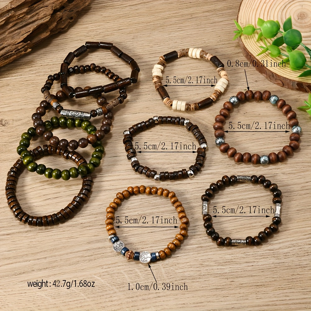 Set of 10 Bohemian Style Fashion Wooden Beaded Bracelets for Men and Women, Perfect Couple Bracelet Hand String Gift