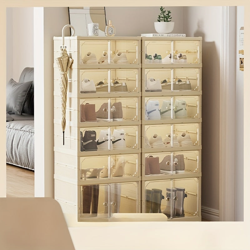 Foldable shoe boxes with transparent doors, dustproof integrated storage, multi-layer cabinet for organizing shoes in bedroom, hallway, bathroom, office, and living room. Perfect for household storage and organization.