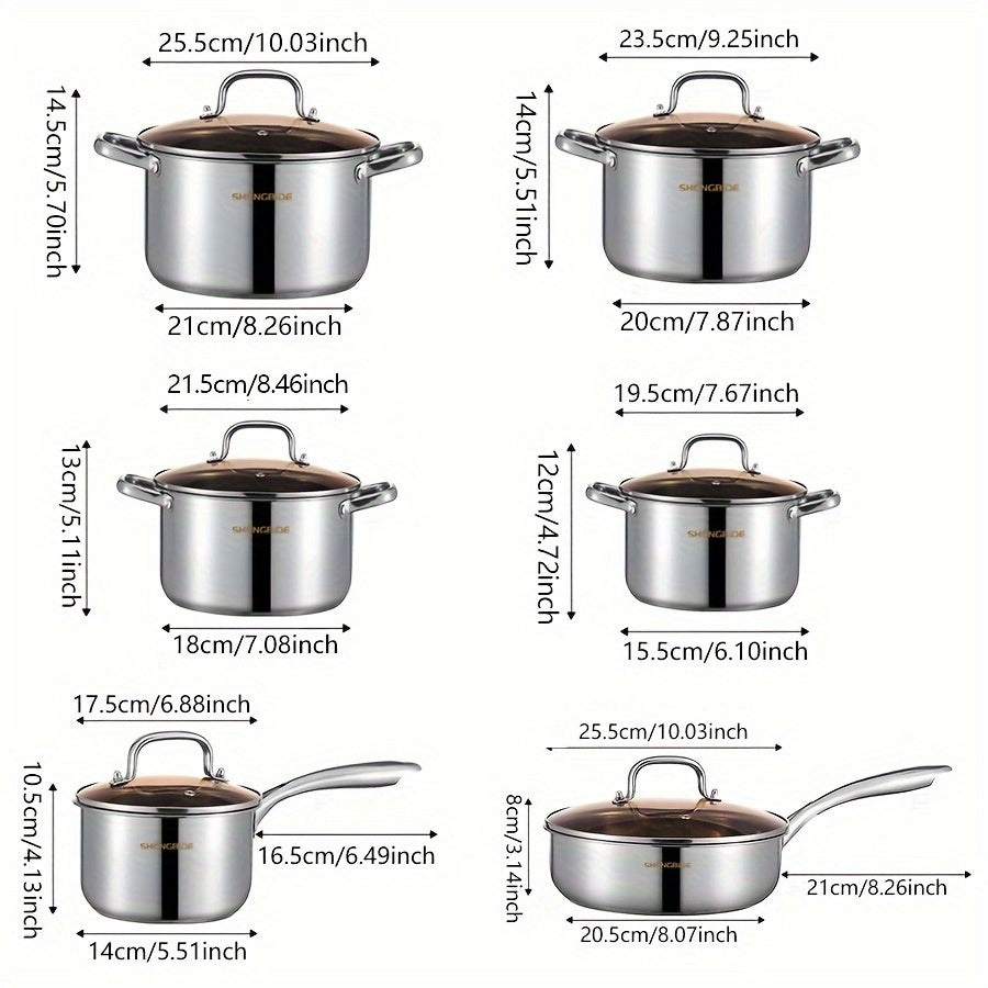 The 12-piece Stainless Steel Cookware Set includes 4 cooking pots, 1 skillet, 1 saucepan, and 6 lids. This set is perfect for a variety of cooking needs, with its large capacity and even heat distribution. It is compatible with both induction and gas