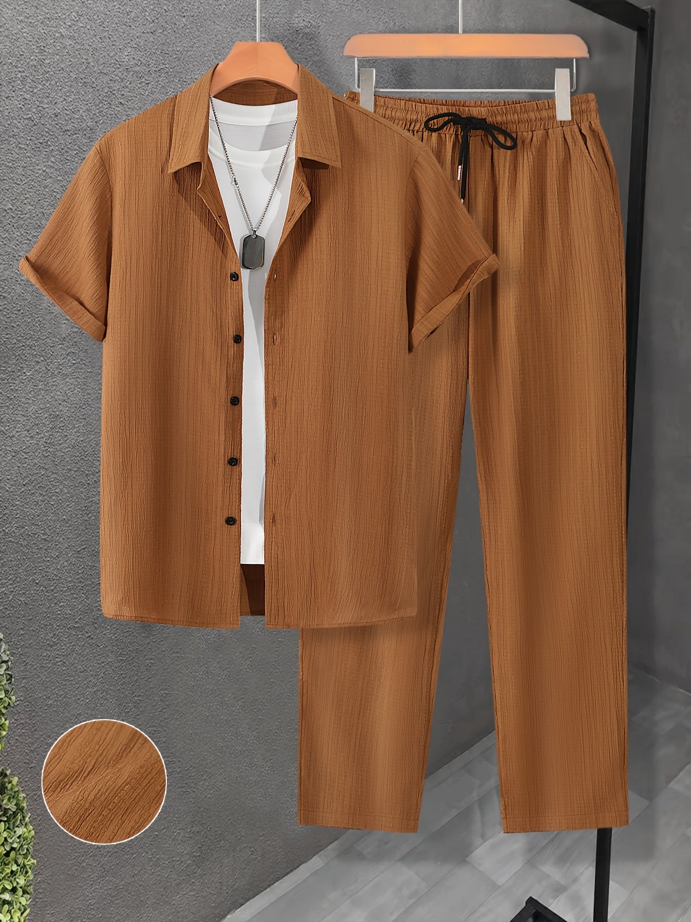 Men's summer 2-piece casual outfit includes a solid color shirt and drawstring pants for a comfy and breathable look.