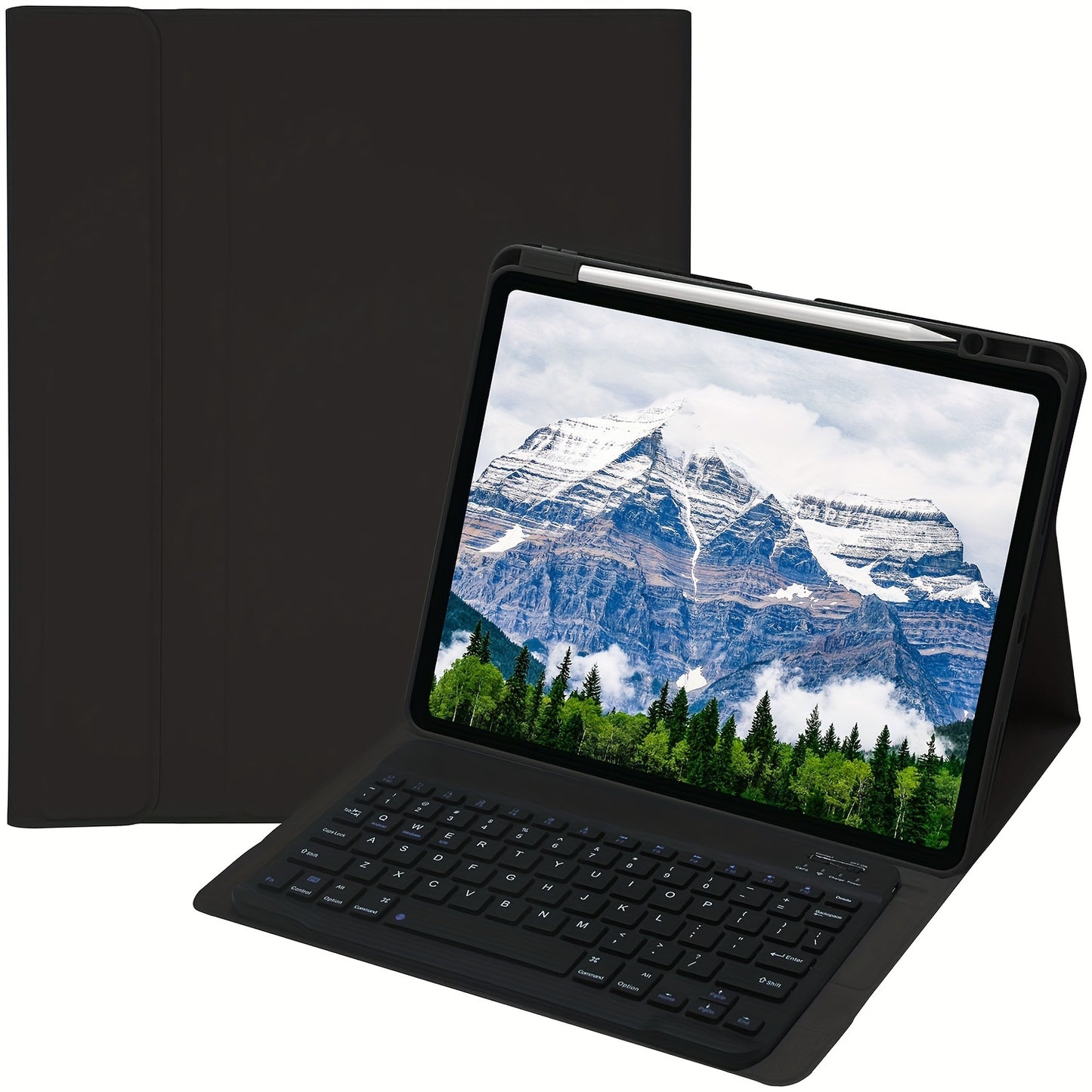 iPad keyboard case compatible with various iPad models, including iPad Air, iPad 5th-10th generation, and iPad Pro 11/12.9 inch, featuring a soft TPU back cover, pen holder, and detachable