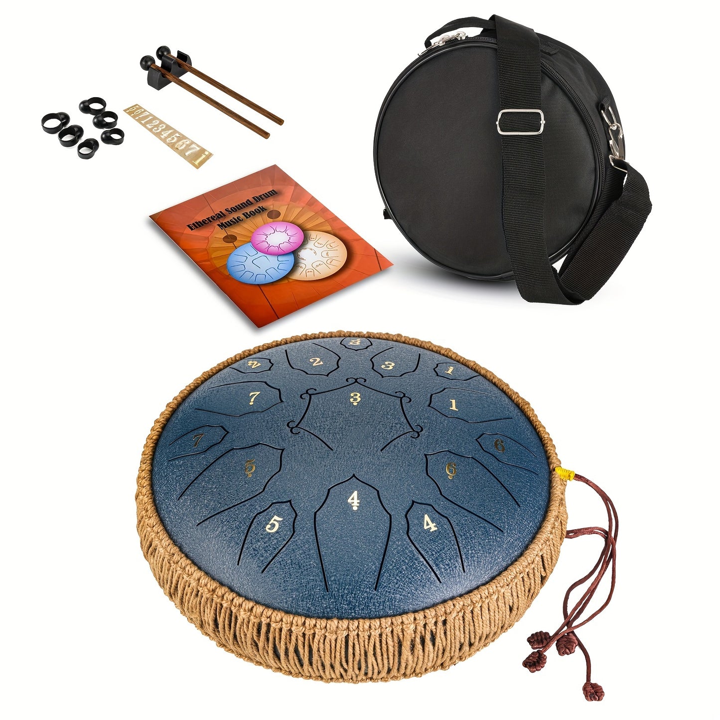 30.48cm D-Key steel tongue drum with 15 notes, carry bag, and accessories for yoga, meditation, concerts, and relaxation.