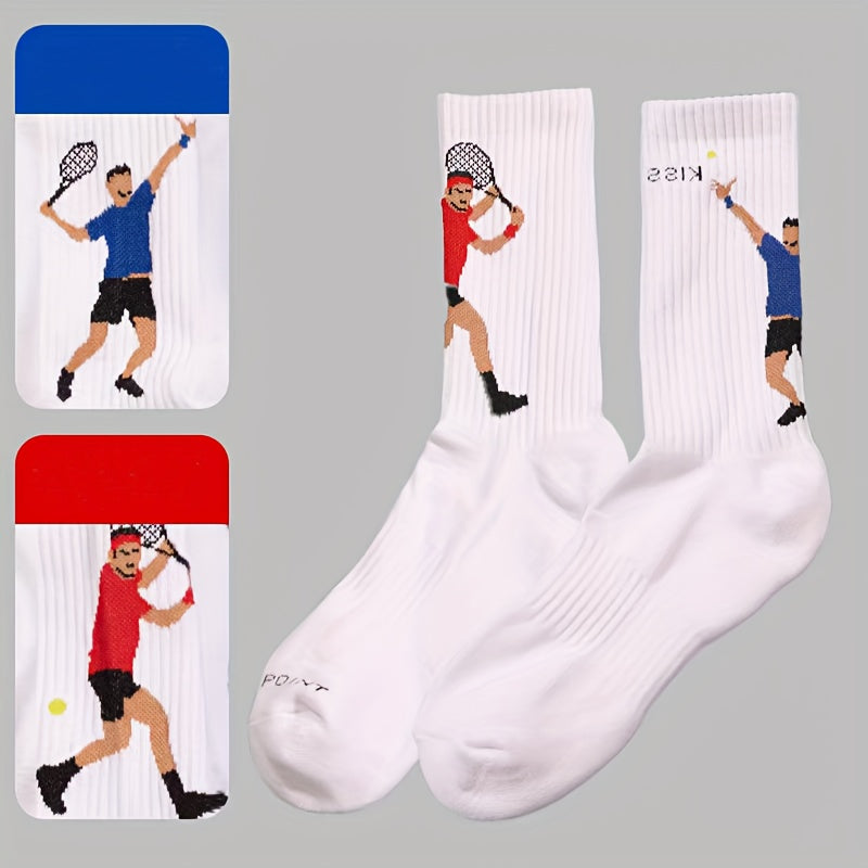 Men's tennis sports socks in cotton blend knit fabric with cartoon print. Suitable for football, tennis, fitness in all seasons. Unisex couple socks in European and Japanese style. Hand