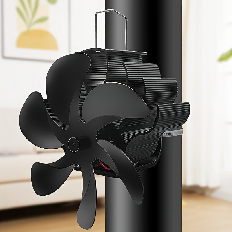 Wall Mounted Heat Powered Stove Chimney Fan, Black, Aluminum Alloy Construction, 6-leaf Design, Wood Burning Stove Top Fan for Air Circulation, Accelerates Heating Without Electricity, Adjustable Iron Ring Included